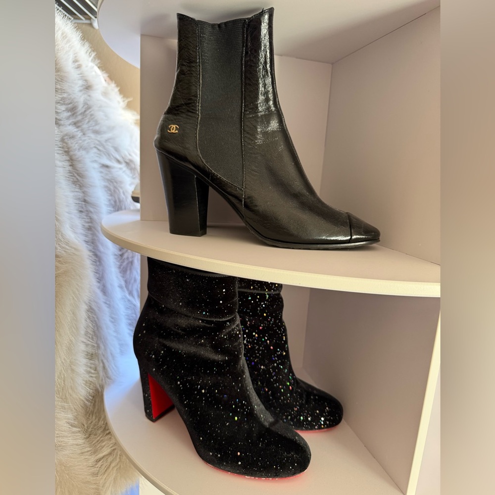 Christian Louboutin Black and Red Glitter Heeled Boots